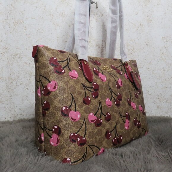 Coach Gallery Tote in Signature Canvas with Cherry Print (Tan) - Picture 2 of 6